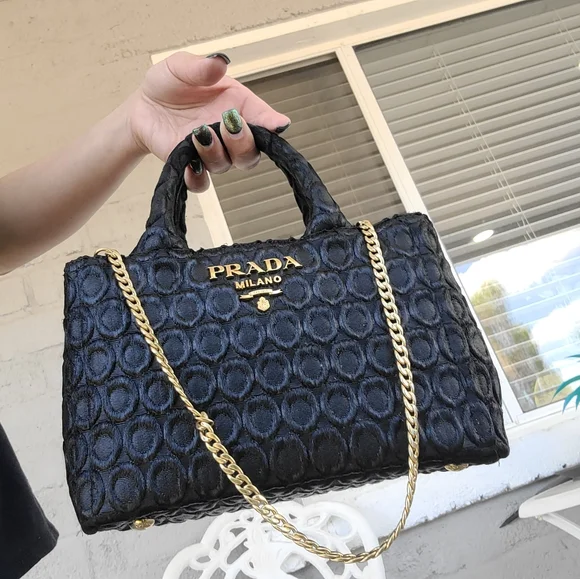 Prada Black Textured Handbag with Gold Chain - Picture 3 of 12